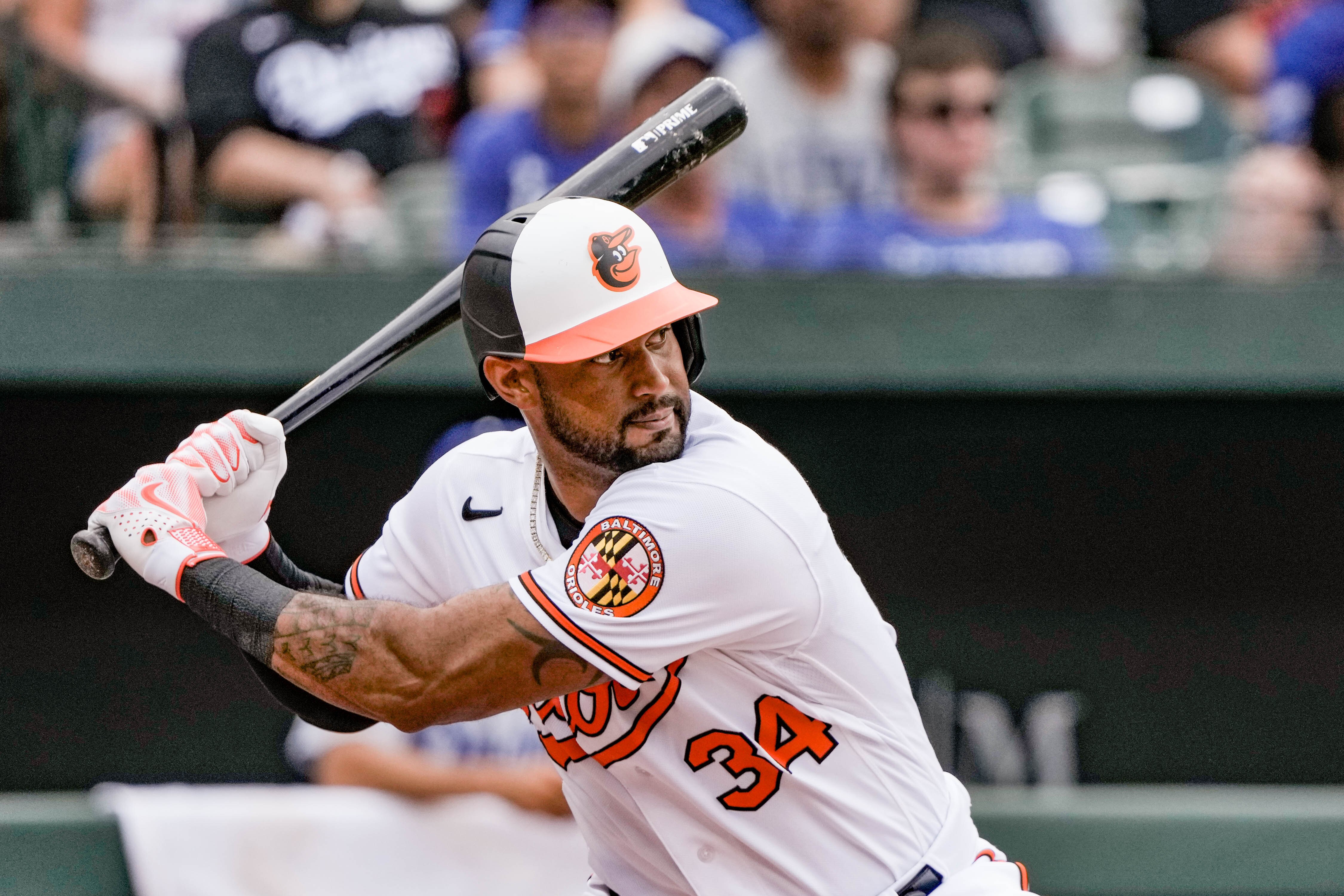 Orioles centerfielder Aaron Hicks stands at bat during the final game of the series against the Los Angeles Dodgers at Camden Yards on July 19, 2023.