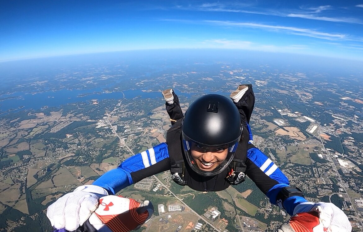 Sriya Pothapragada has skydived 66 times and recently competed for Clemson University at the United States Parachute Association’s National Collegiate Skydiving Championship.