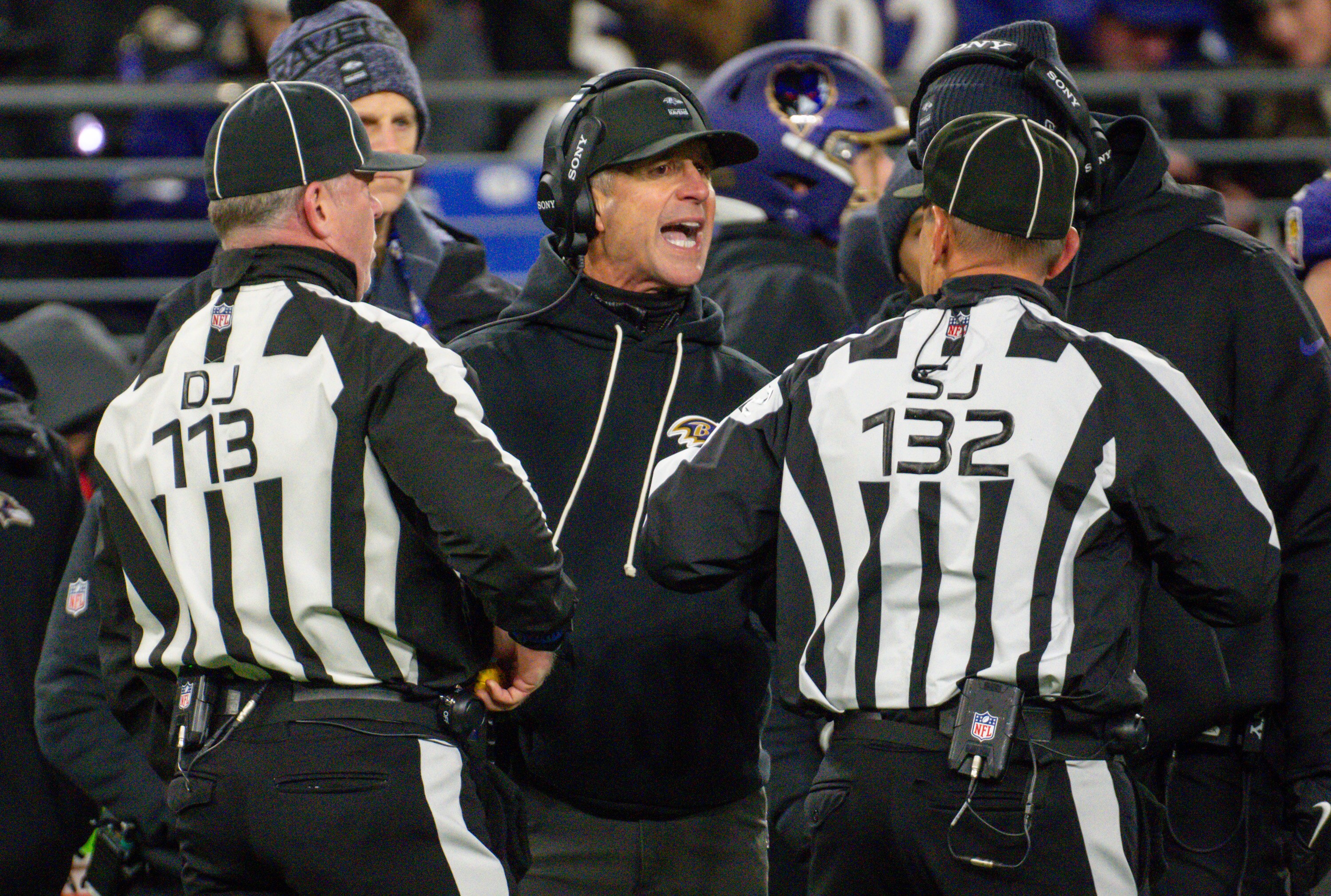 Ravens coach John Harbaugh talks with officials in the fourth quarter of Baltimore’s loss to the Cincinnati Bengals on Thanksgiving night.