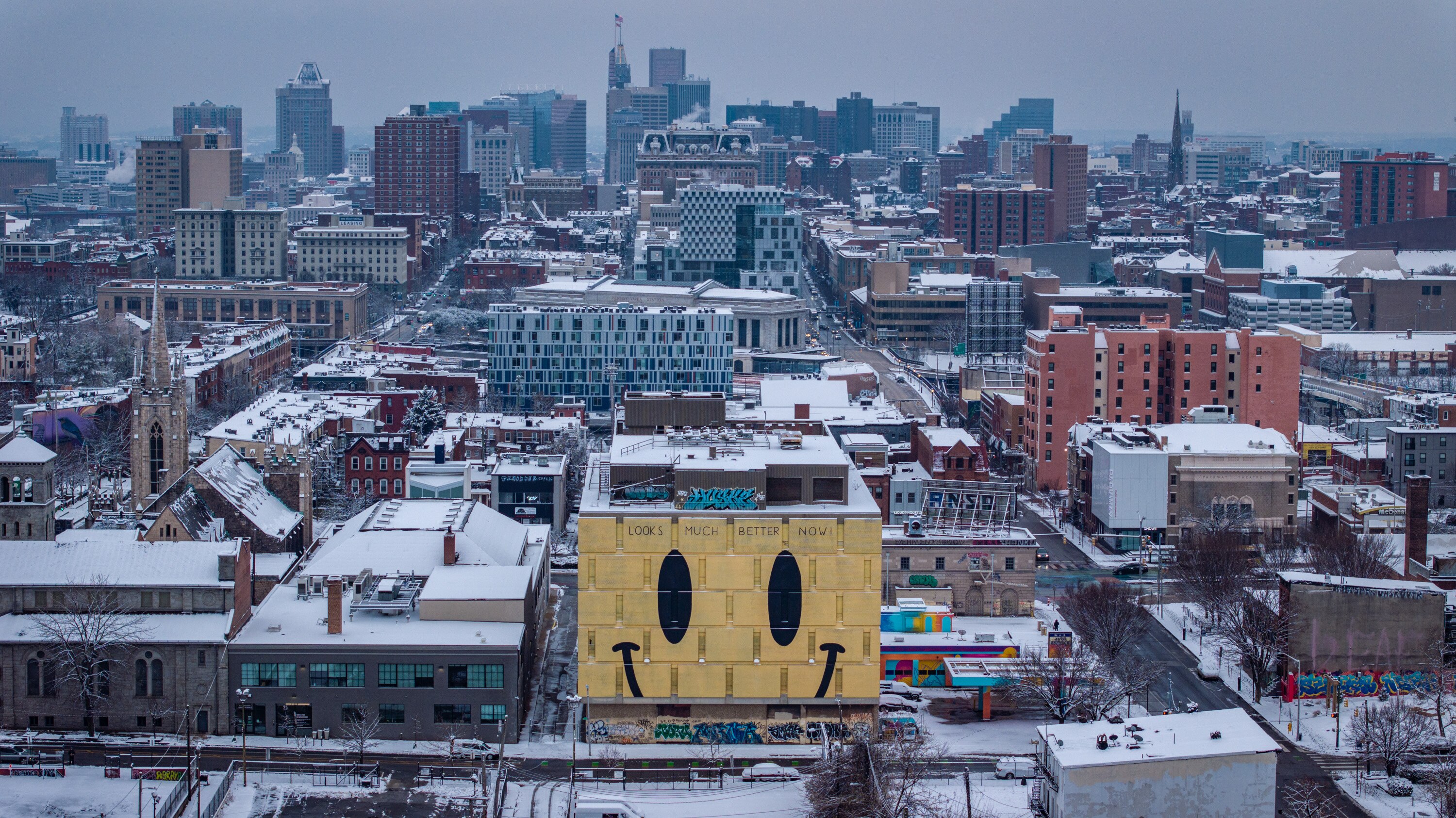 The Looks Much Better Now mural is seen on 22nd Street early February, 12, 2025, following a snowstorm that started the previous evening.