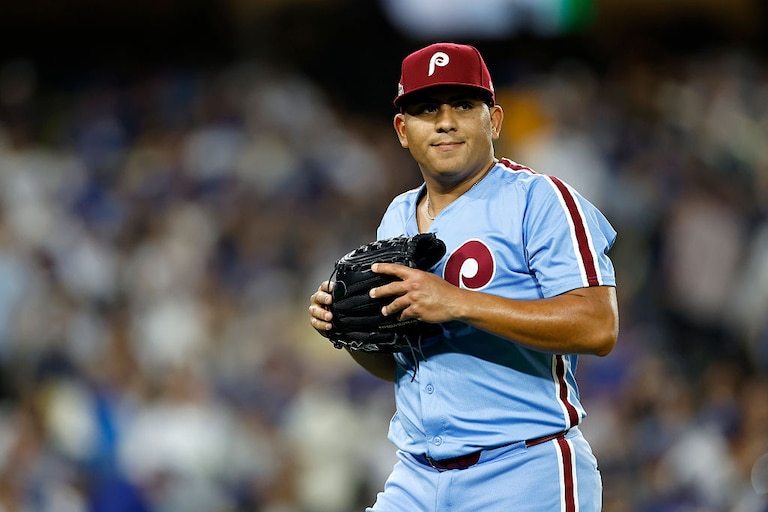 Ranger Suárez reacts during the third inning in Game 3 of the National League Division Series at Dodger Stadium on Oct. 8.
