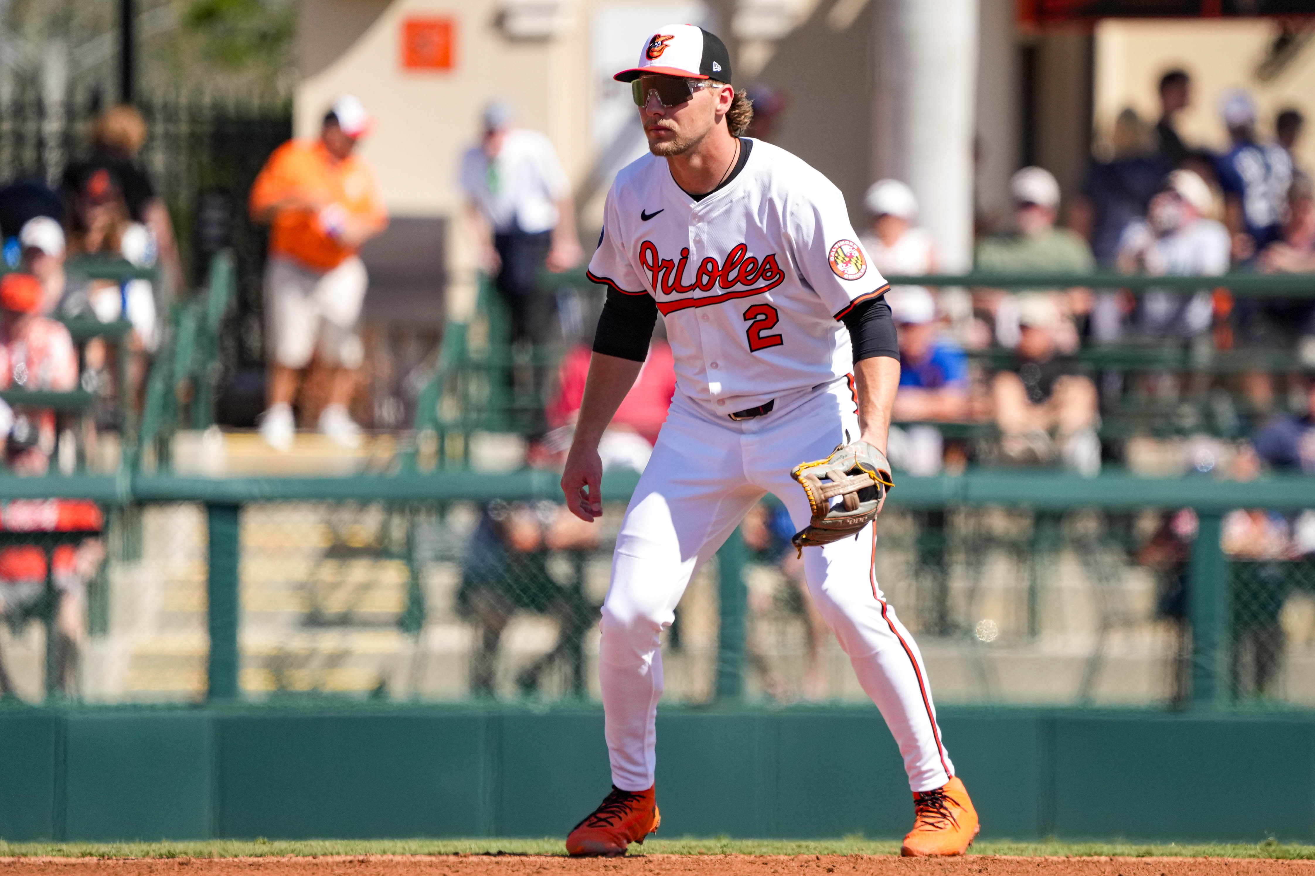 Baltimore Orioles shortstop Gunnar Henderson (2) waits for the pitch to be thrown during a Grapefruit League game against the Detroit Tigers at Ed Smith Stadium in Sarasota, Fla. on Tuesday, Feb. 25, 2025.