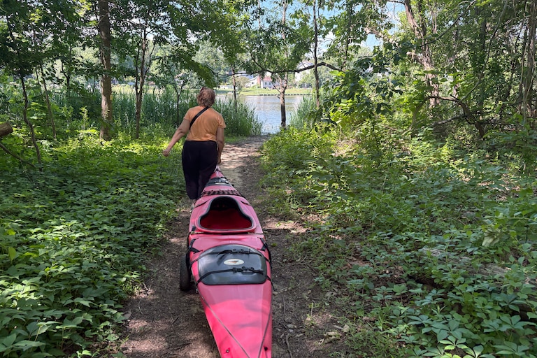 Wednesday, June 17, 2026 - Lisa Arrasmith, a longtime public water access advocate, hauls her kayak down to the water at Beachwood Park in Anne Arundel County on Wednesday.