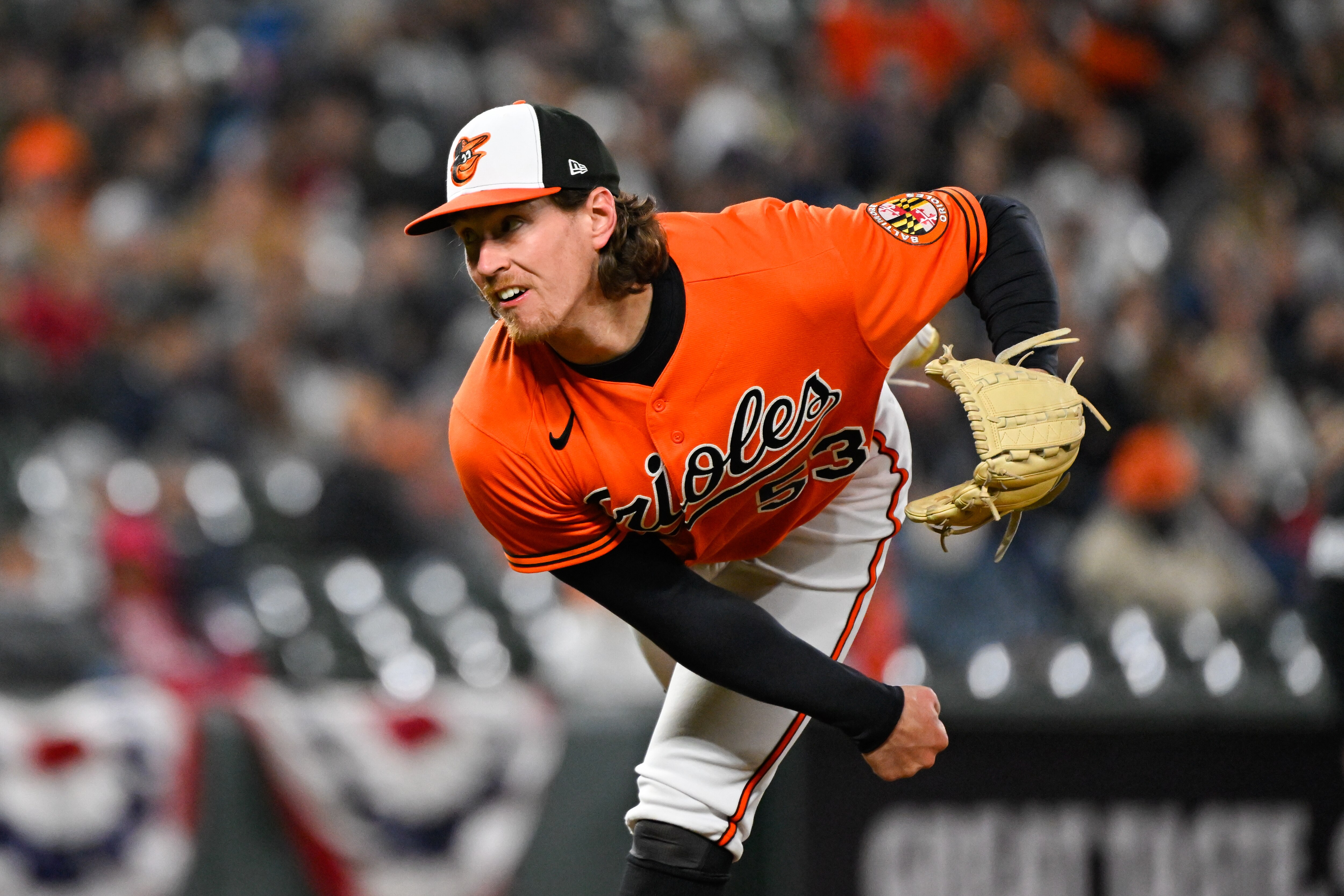 Baltimore Orioles relief pitcher Mike Baumann throws during the ninth inning of an baseball game against the New York Yankees, Saturday, April 8, 2023, in Baltimore.