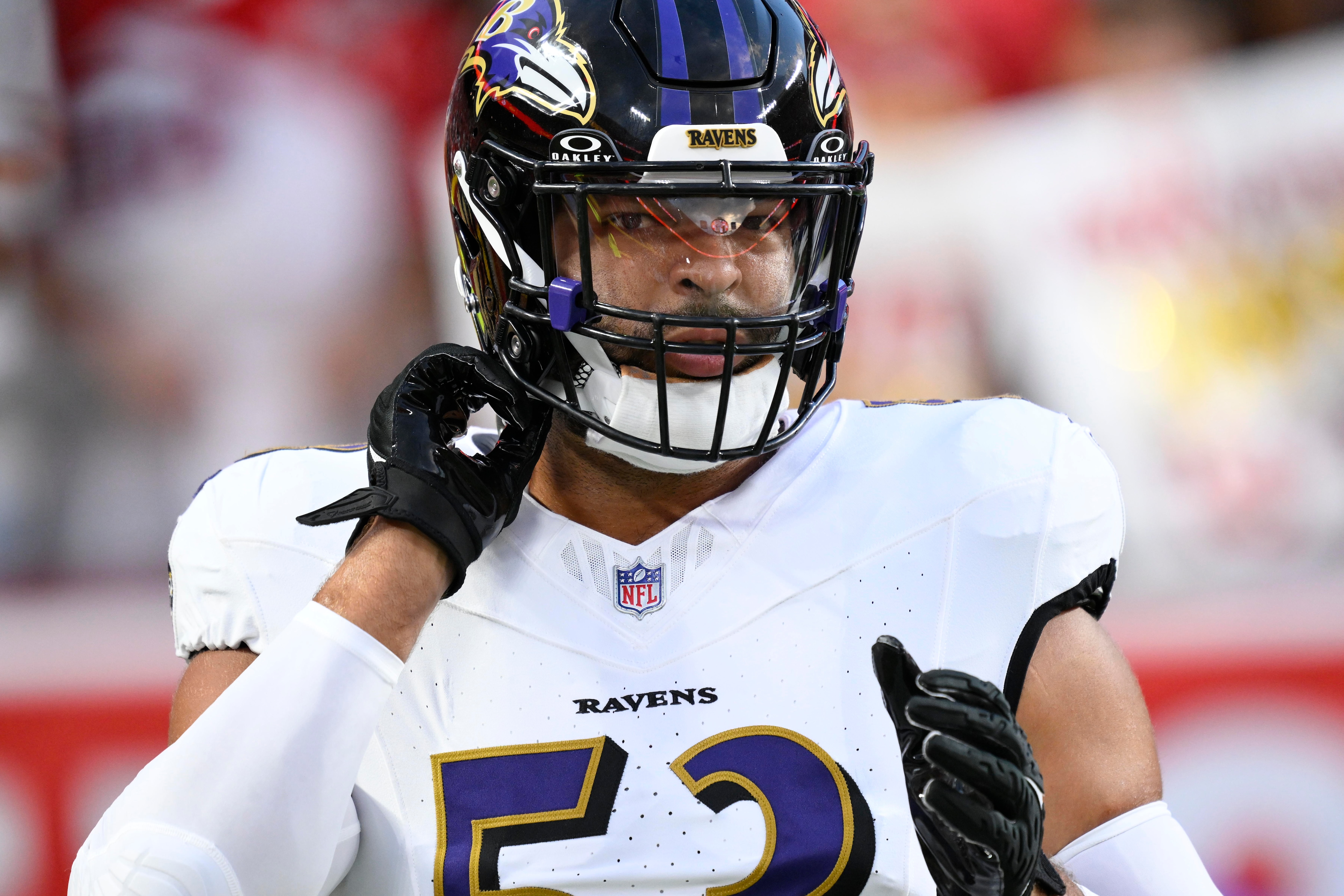 Kyle Van Noy's helmet slipped last week and he broke his orbital bone while falling to the ground during a tackle. He is active for the Ravens' home opener against the Raiders, though.