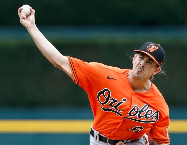 DETROIT, MI -  APRIL 29:  Dean Kremer #64 of the Baltimore Orioles pitches against the Detroit Tigers during the second inning of game one of a doubleheader at Comerica Park on April 29, 2023, in Detroit, Michigan. (Photo by Duane Burleson/Getty Images)