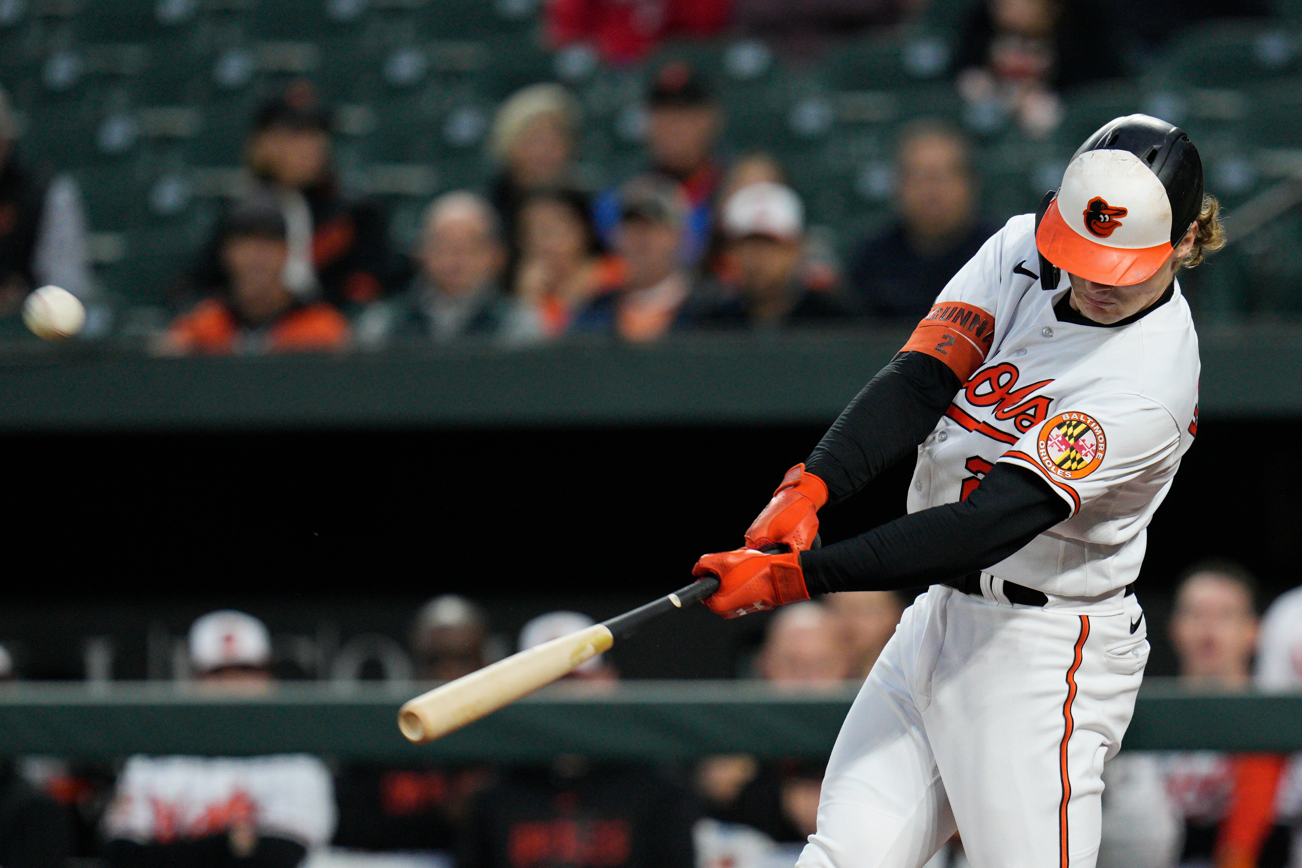 Gunnar Henderson #2 of the Baltimore Orioles hits a home run during the first inning against the Washington Nationals at Oriole Park at Camden Yards on September 26, 2023 in Baltimore, Maryland.