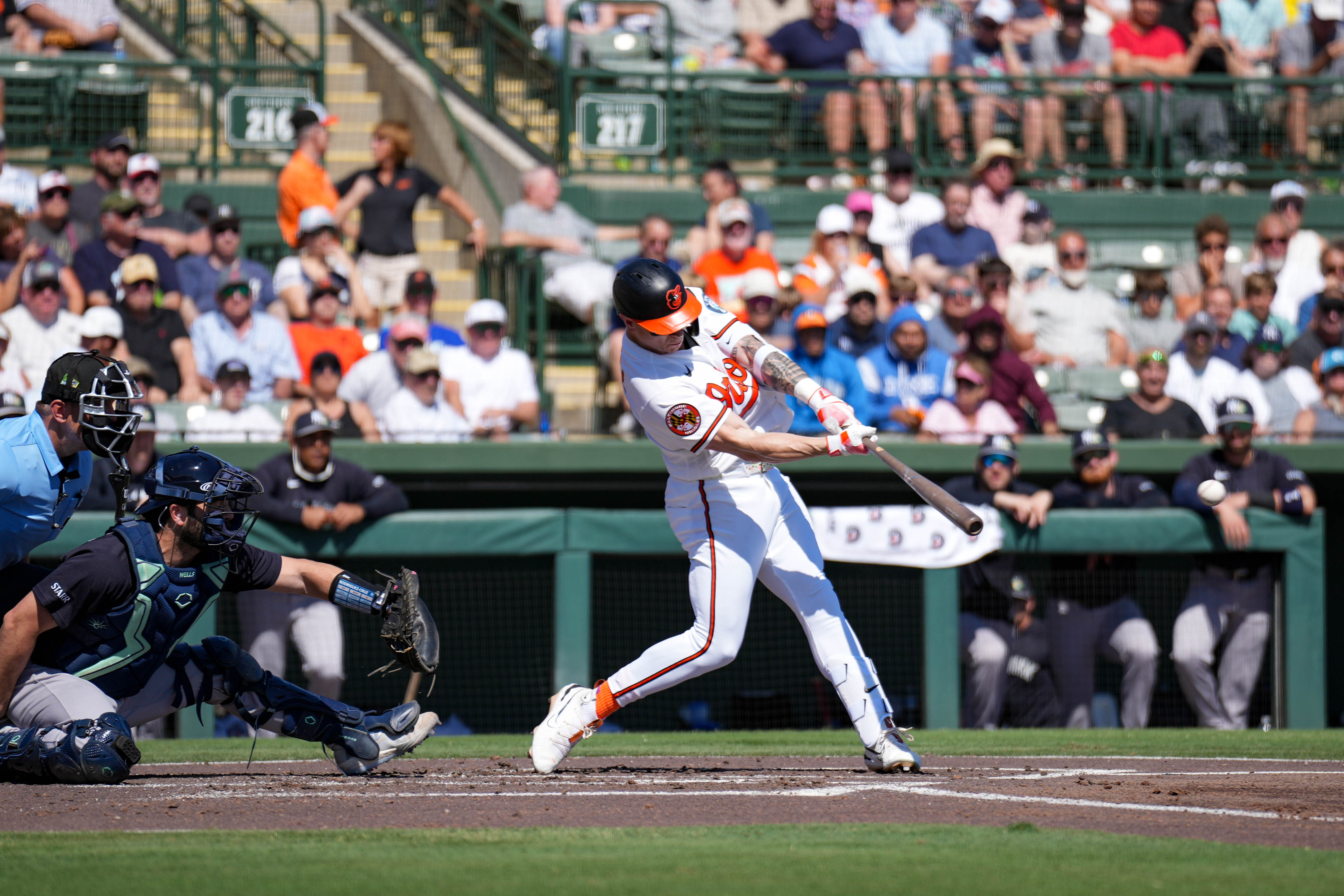 Orioles right fielder Tyler O’Neill connects with a pitch in the second inning of a game against the Yankees last Friday.