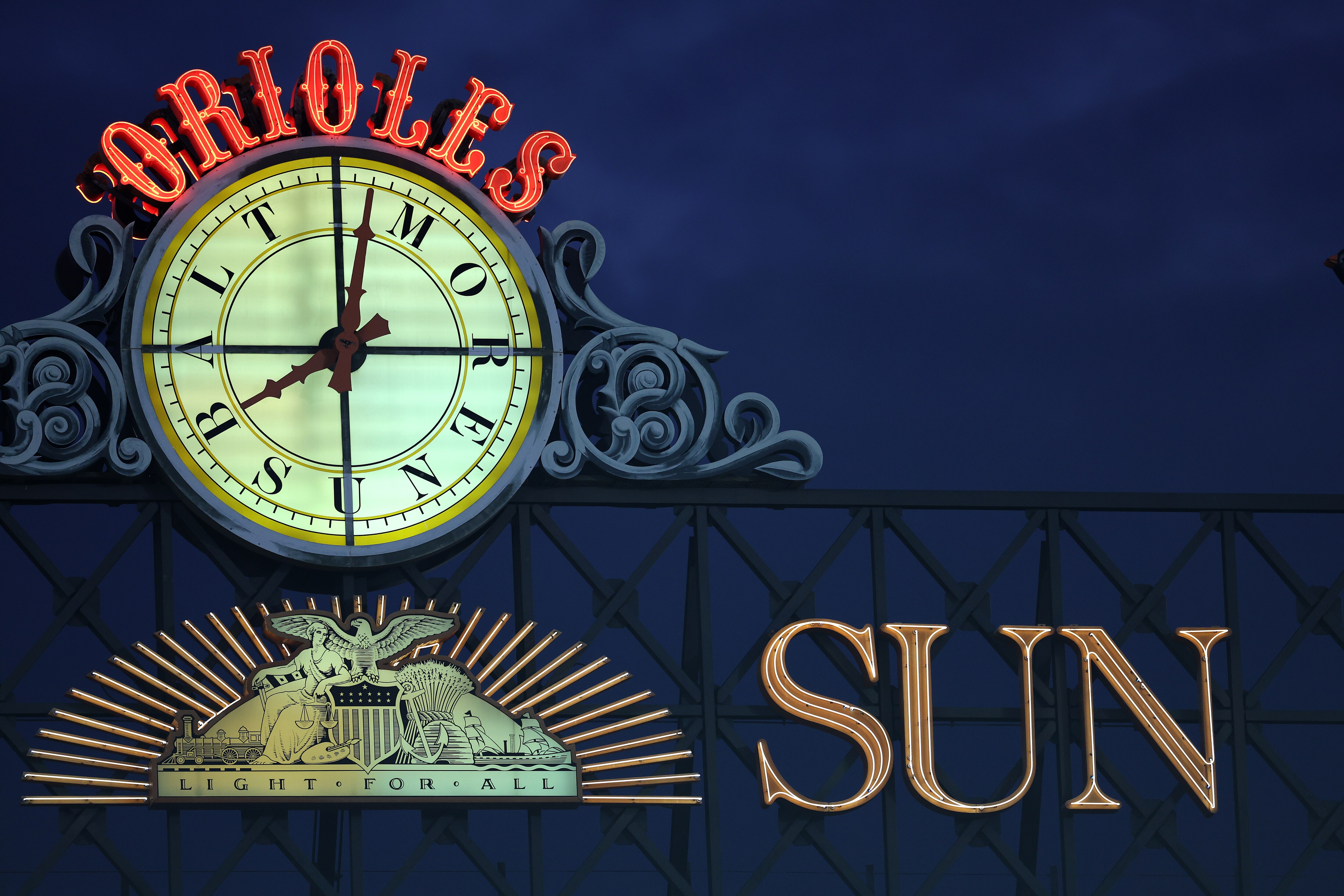 BALTIMORE, MARYLAND - AUGUST 23: A detailed view of the Baltimore Orioles scoreboard featuring The Baltimore Sun newspaper logo is seen as the Chicago White Sox play against the Baltimore Orioles at Oriole Park at Camden Yards on August 23, 2022 in Baltimore, Maryland.