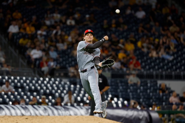 Brady House #12 of the Washington Nationals makes a throw to first in the sixth inning against the Pittsburgh Pirates at PNC Park on April 15, 2026 in Pittsburgh, Pennsylvania. All players are wearing the number 42 in honor of Jackie Robinson Day.