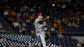 Brady House #12 of the Washington Nationals makes a throw to first in the sixth inning against the Pittsburgh Pirates at PNC Park on April 15, 2026 in Pittsburgh, Pennsylvania. All players are wearing the number 42 in honor of Jackie Robinson Day.