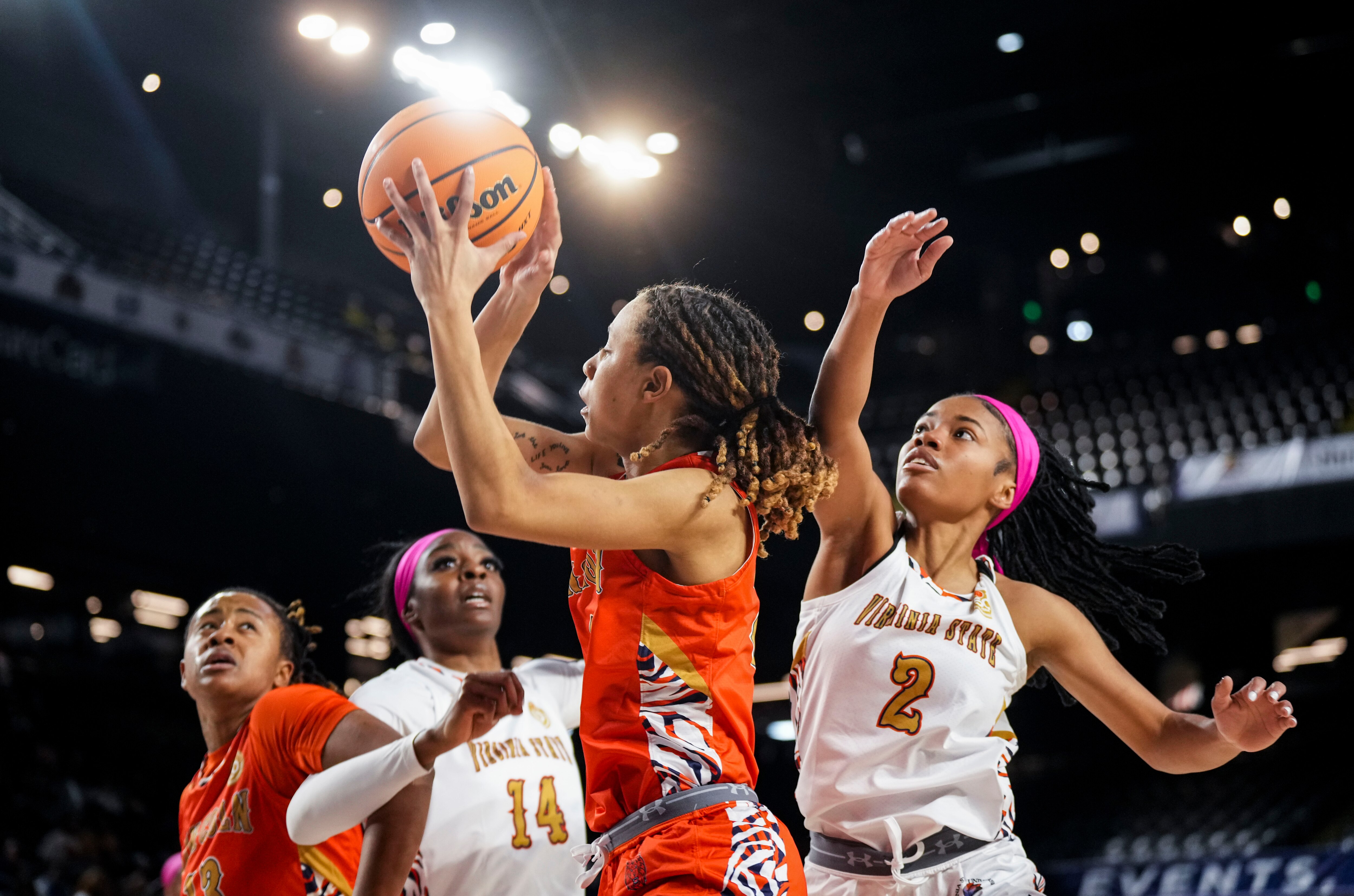 Lincoln University’s Hunter Conway goes up for a shot against Virginia State during the 2025 CIAA tournament. 