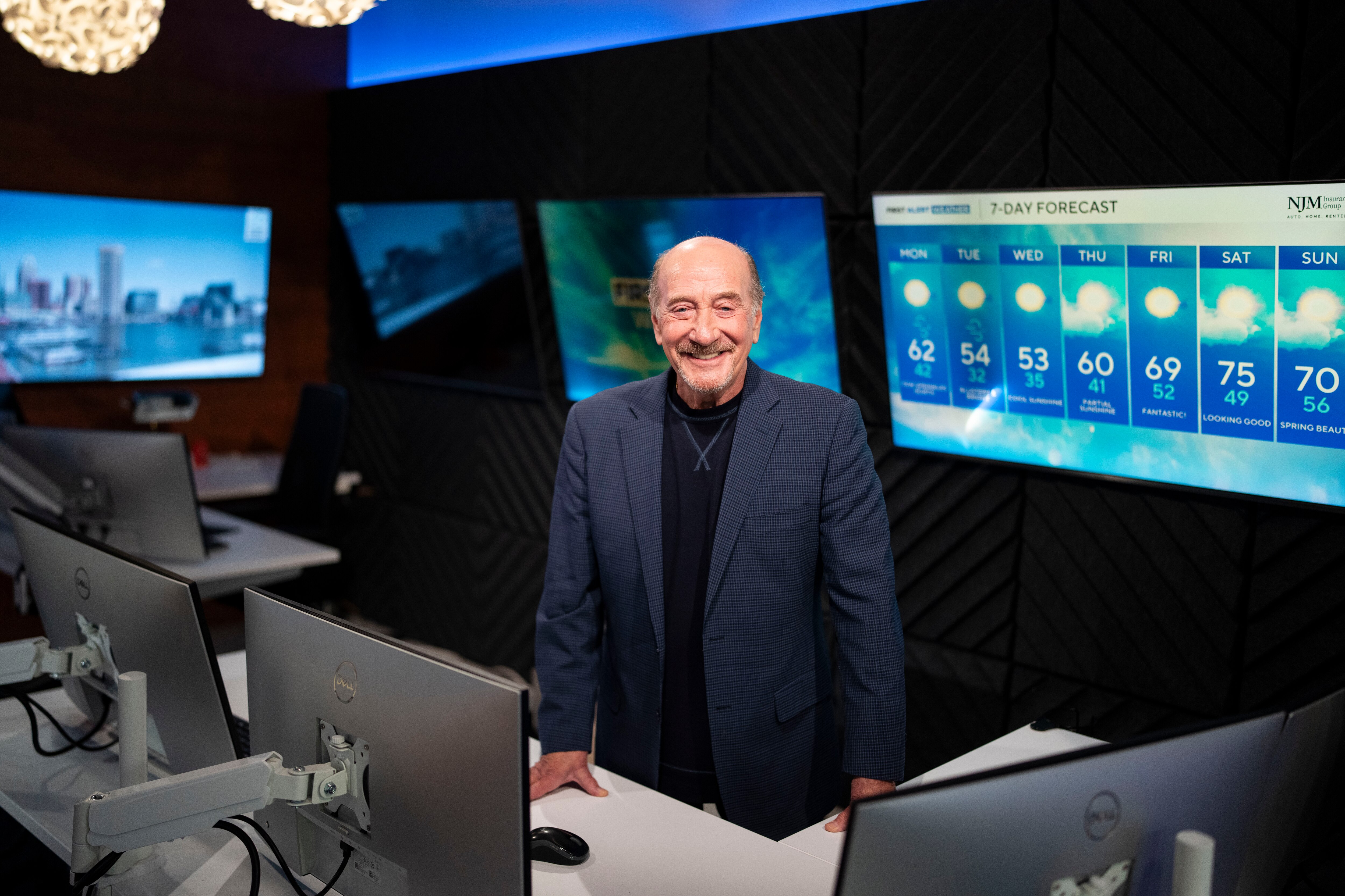 Marty Bass, a WJZ reporter for 48 years poses for a portrait inside of the studio in Baltimore, Monday, April 6, 2026. Bass will be retiring in May.